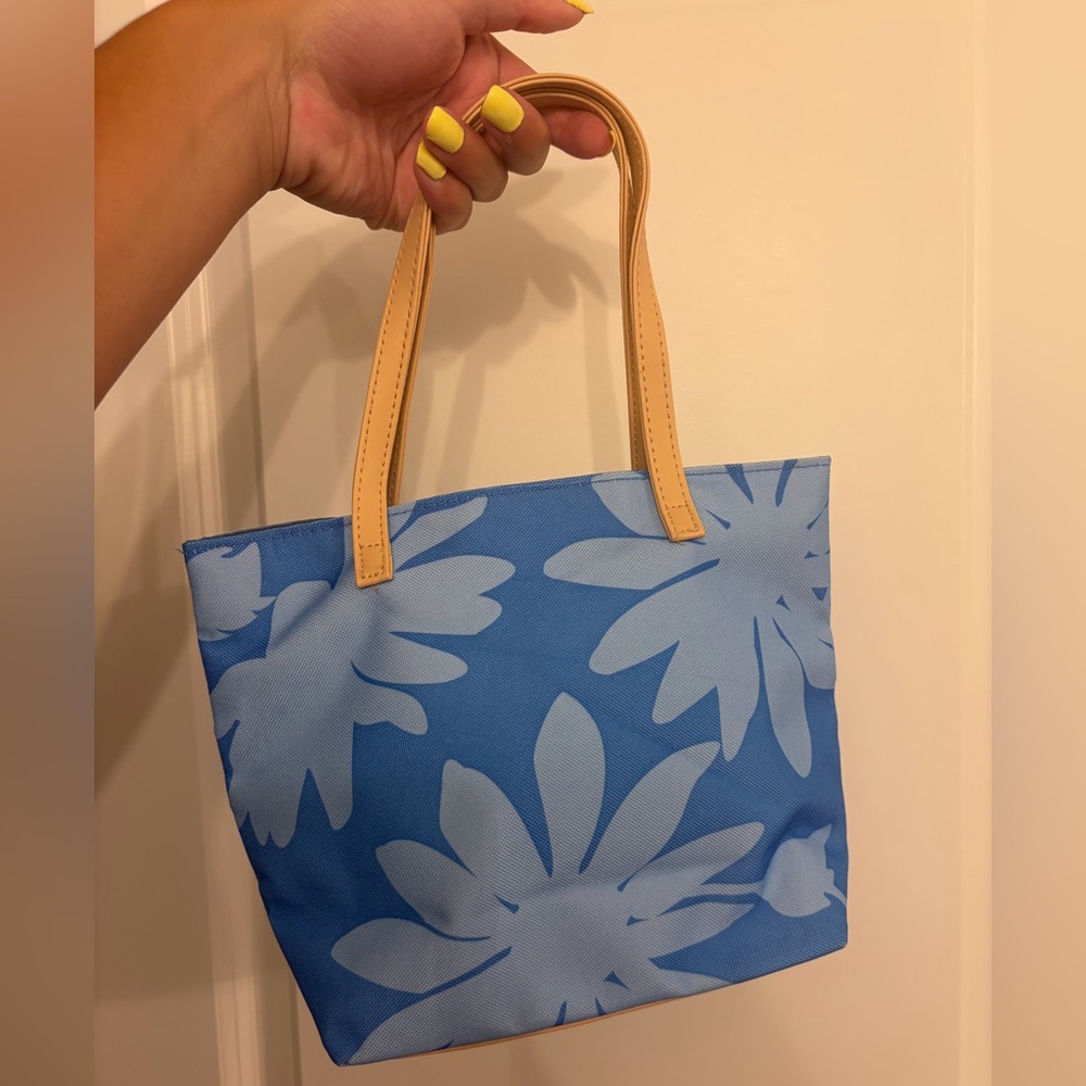 Estee Lauder Blue Floral Tote with Tan Leather Handles